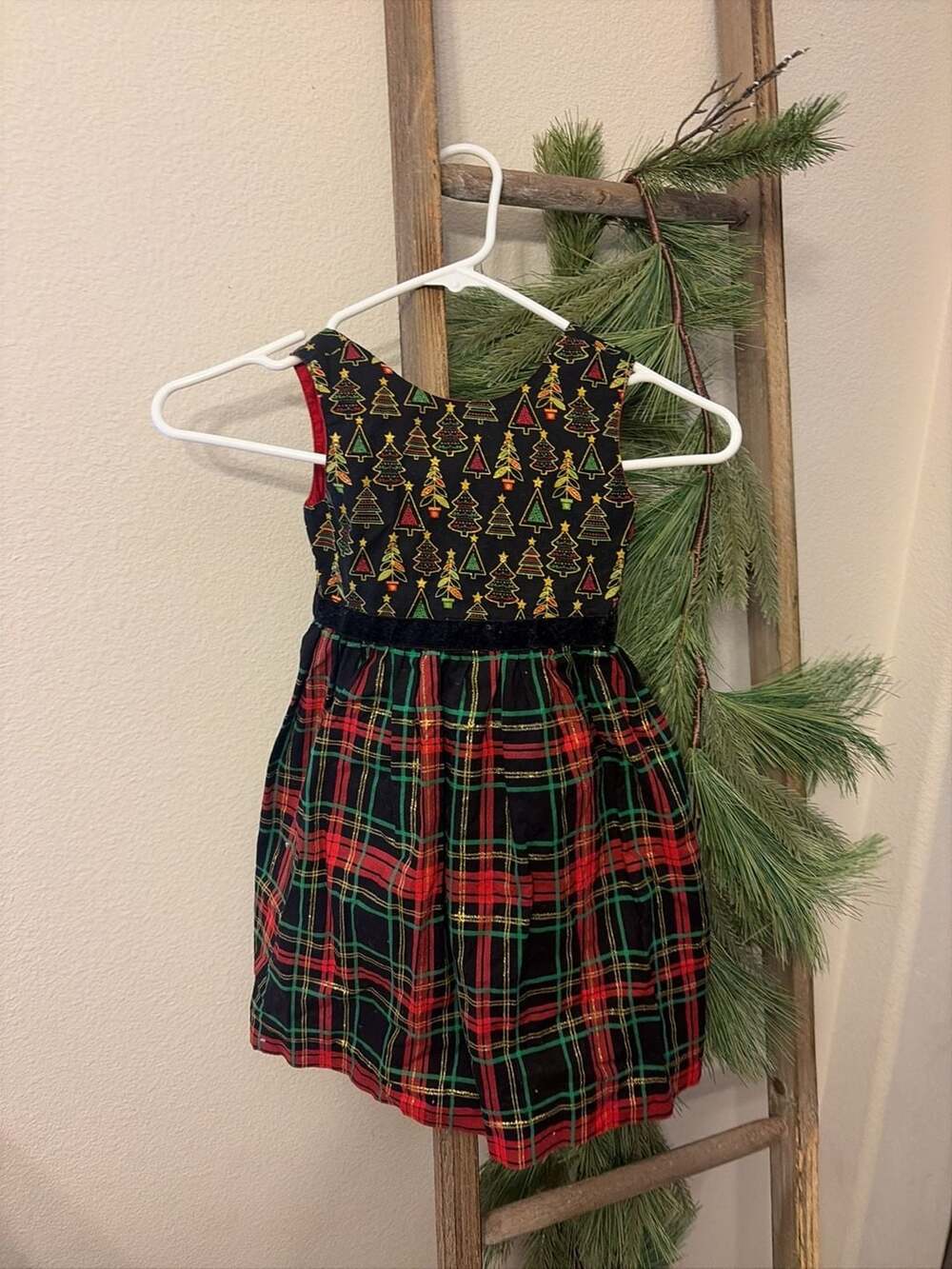 Girls Christmas Holiday Plaid and Tree Print Dress